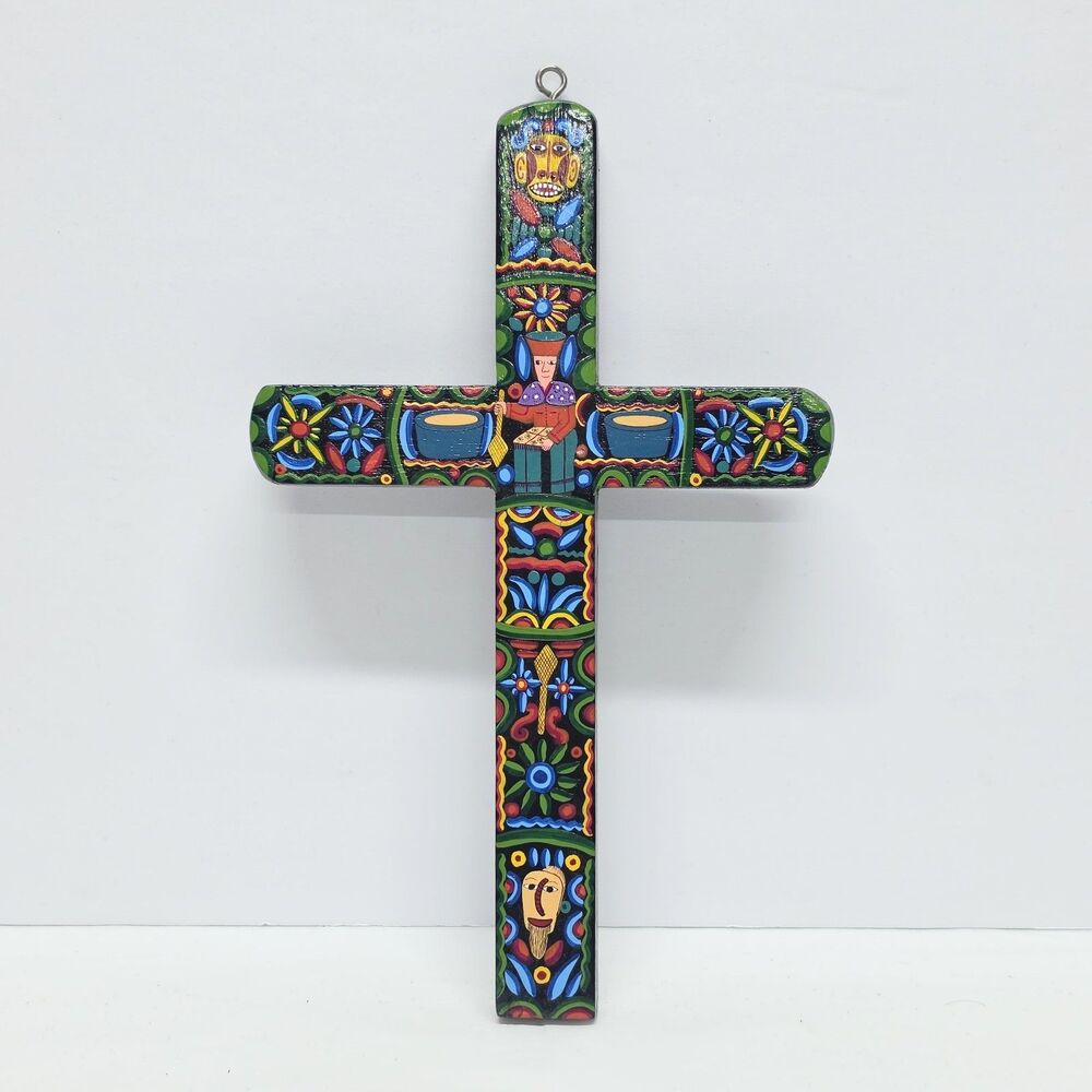 Hand Painted Wooden Folk Art Colorful Mexican Cross Traditional Tribal Village